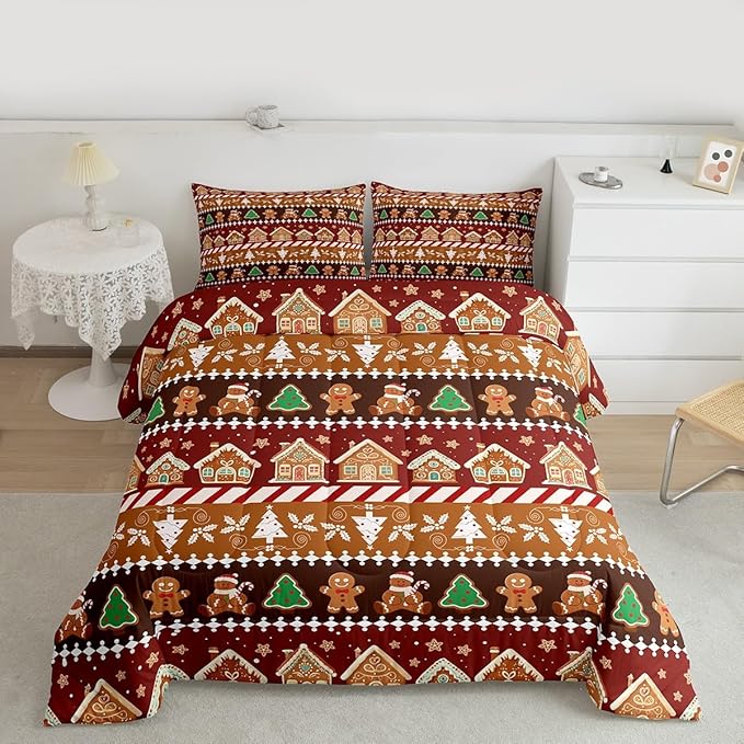 Feelyou Merry Christmas Comforter Set Twin Size Greenland Home Bedding Set for Kids Boys Girls Xmas Tree Duvet Quilt Striped Bedroom Decor Microfiber 2 Pcs with 1 Pillow Cases