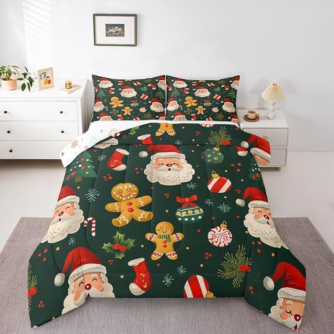 Feelyou Christmas Bedding Set Soft for Boys Girls, Santa Xmas Tree Comforter Set King Size Gingerbread Man Duvet Quilt Microfiber Snowflake Stockings Bedroom Decor 3 Pcs with 2 Pillow Cases