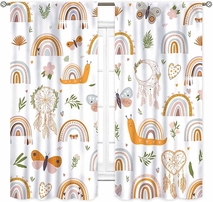 Boho Rainbow Curtains for Girls Bedroom, Bohemian Cute Lovely Butterfly Floral Rainbow Print Pastel Baby Kids Girls Bedroom Living Room Nursery Playroom Classroom Curtains for Windows, 42"x45" Inch