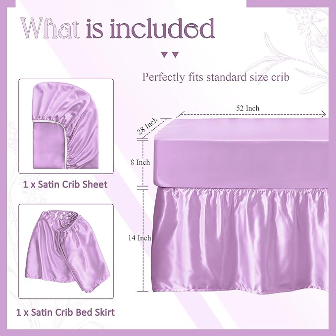 SiinvdaBZX 2-Piece Set Satin Crib Sheets & Crib Bed Skirt, 52" x 28" Silky Soft Ruffled Baby Crib Skirt with Adjustable Elastic 14" Drop, Fit for Standard Crib & Toddler Bedding (Lavender)