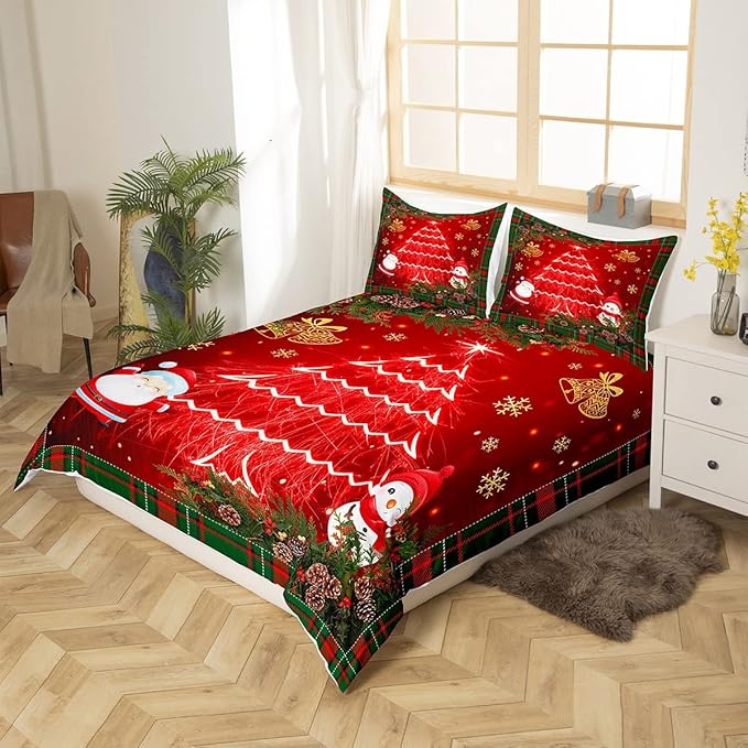 Feelyou Christmas Bedding Set Kids Cartoon Santa Claus Comforter Cover Set for Boys Girls Christmas Tree Xmas Theme Duvet Cover Breathable Snowman Bedspread Cover Room Decor Quilt Cover Queen Size