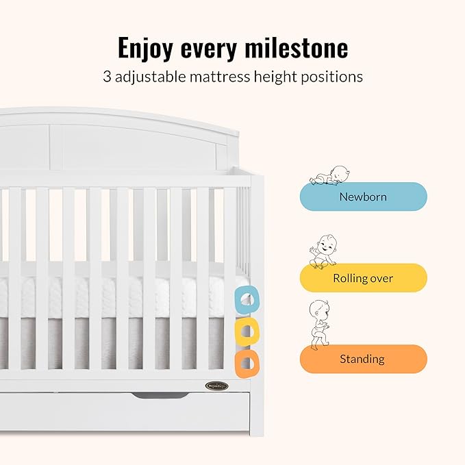 Dream On Me Storybrooke 5-in-1 Convertible Full-Size Crib with Under Drawer, Pebble Grey, GreenGuard Gold & JPMA, Convert to Toddler, Day & Full-Size Bed, 3 Mattress Heights, Sustainable Pinewood