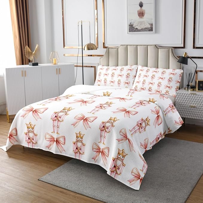 Cartoon Nutcracker Kids Bedspread Twin Size,Pink Bowknot Romantic Princess Coverlet Set,Girls Women Room Decor,Ballet Merry Christmas Bow Tie Quilted Coverlet,Dreamy Bedding Quilt,1 Pillowcase