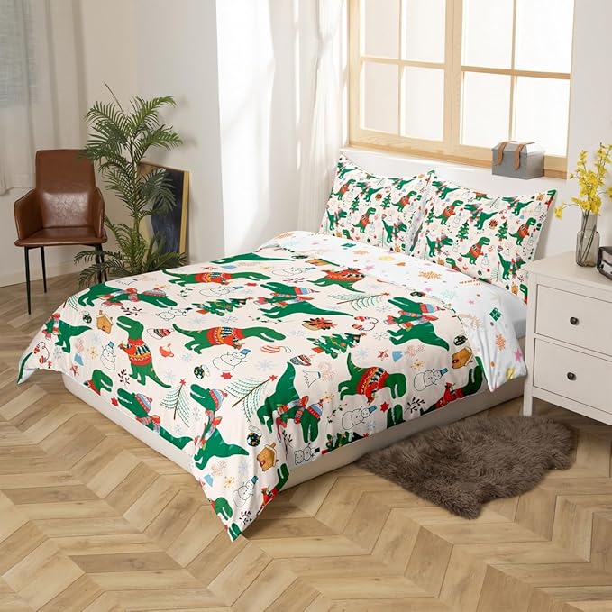 Christmas Bedding Set for Kids Boys Girls Cartoon Dinosaur Christmas Tree Comforter Cover Set Snowman New Year Duvet Cover Bedroom Decor Xmas Theme Bedspread Cover Full Size Bedding Collection 3Pcs