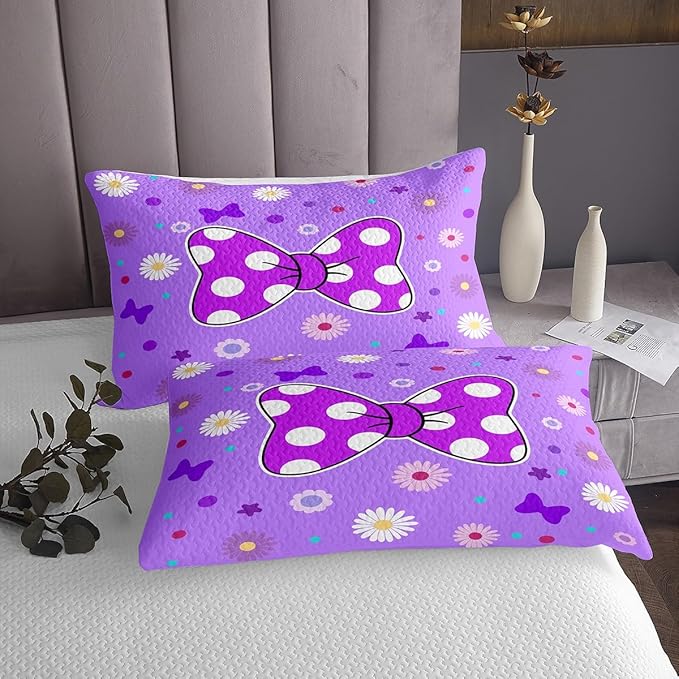 Manfei Purple Bowknot Kids Bedspread King Size,Star Daisy Floral Geometric Dots Patch Coverlet Set,Girls Women Room Decor,Bow Tie Princess Cute Quilted Coverlet,Romantic Bedding Quilt,2 Pillowcases