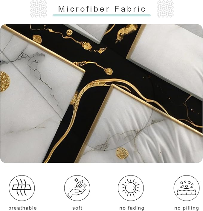 Black and White Marble Comforter: Queen Size Geometric Abstract Bedding Sets Gold Lines Marbling Quilts for Bedroom Decor 3PC Bed Set 1 Comforter & 2 Pillowcases