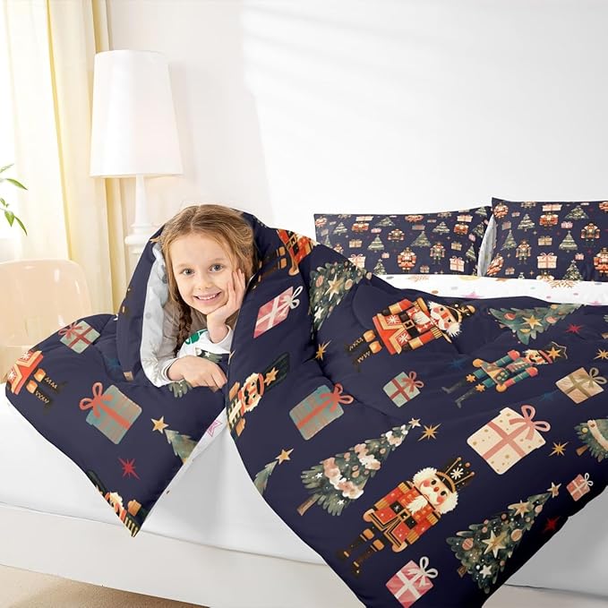 jejeloiu Xmas Nutcracker Comforter Set Twin Size Christmas Dark Blue Bedding Set for Kids Boys Girls Cute Snowflakes Duvet Quilt Bedroom Decor