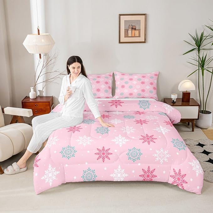 Feelyou Winter Snowflakes Bedding Set Soft for Boys Girls, Winter Holiday Comforter Set Toddler Size Frozen Snowflake Duvet Quilt Pink Bedroom Decor 2 Pcs with 1 Pillow Cases
