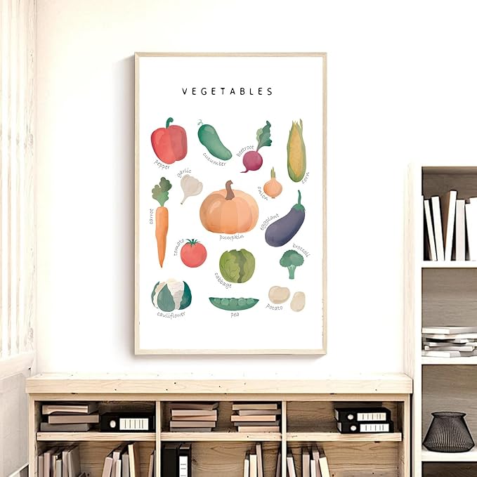 OZCONO Vegetables and Fruits Educational Posters, Harvest Chart Kids, Classroom Decor, Rainbow Nursery Wall Art, Homeschool Education Guide (Unframed) (12x18)
