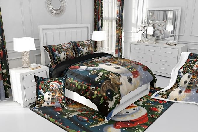Feelyou Christmas Kids Comforter Set Toddler Size Snowman Squirrel Bedding Set Snowflake Gift Duvet Quilt for Kids Boys Girls Bedroom Branch Berry Decor Microfiber Ultra Soft Breathable