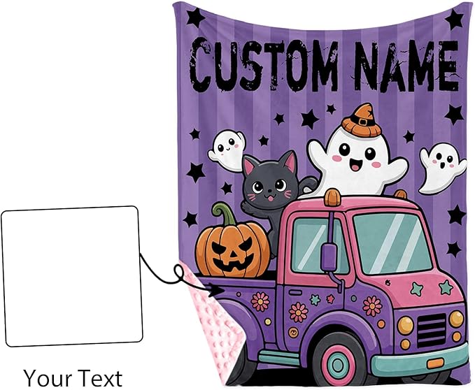 Personalized Halloween Blanket for Baby Girls, Custom Baby Blanket with Name, Ghost Pumpkin Truck Pattern Soft Minky Dot Blanket, Halloween Decor Christmas Birthday Gifts for Kids Toddlers