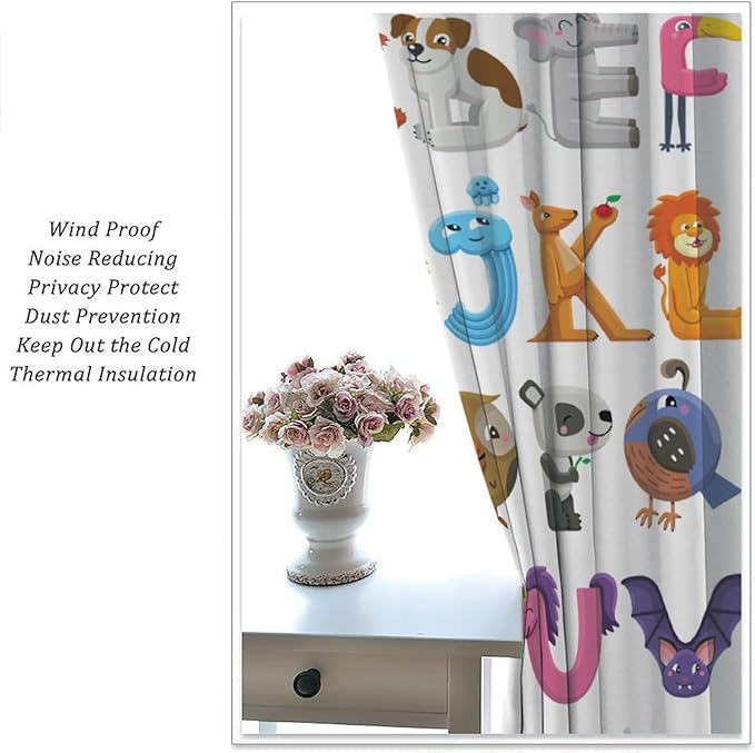 Kids Alphabet Curtains Cartoon Animal Baby Children Funny Learning Educational Curtain with Rod Pocket for Bedroom Nursery Decor Drapes Window Treatments 2 Panels Set 55x63in