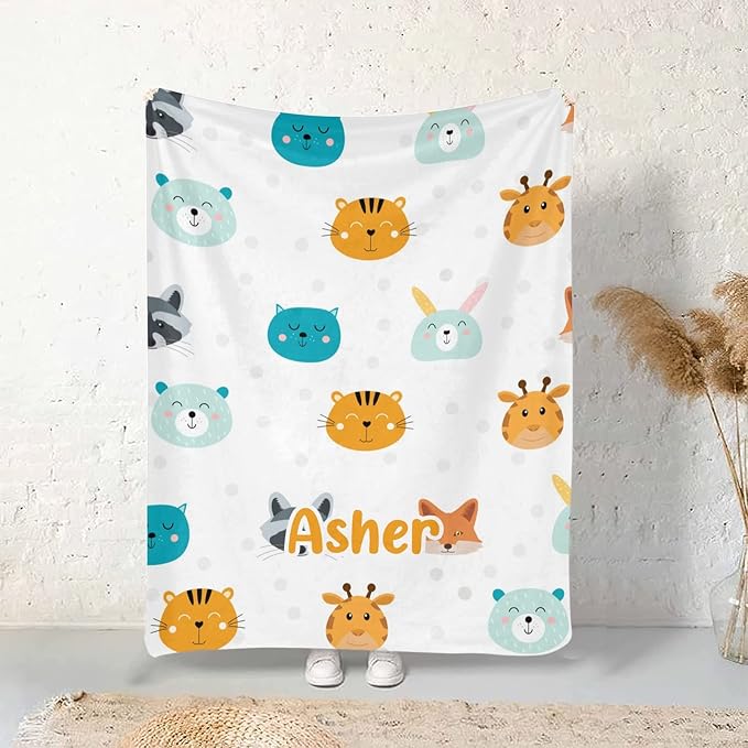 Cute Animal Rabbit Fox Personalized Receiving Sherpa Fleece Baby Blankets for Girls Boys Kids, Swaddle Blankets Gift for Newborn Crib Infants 30x40 Inches