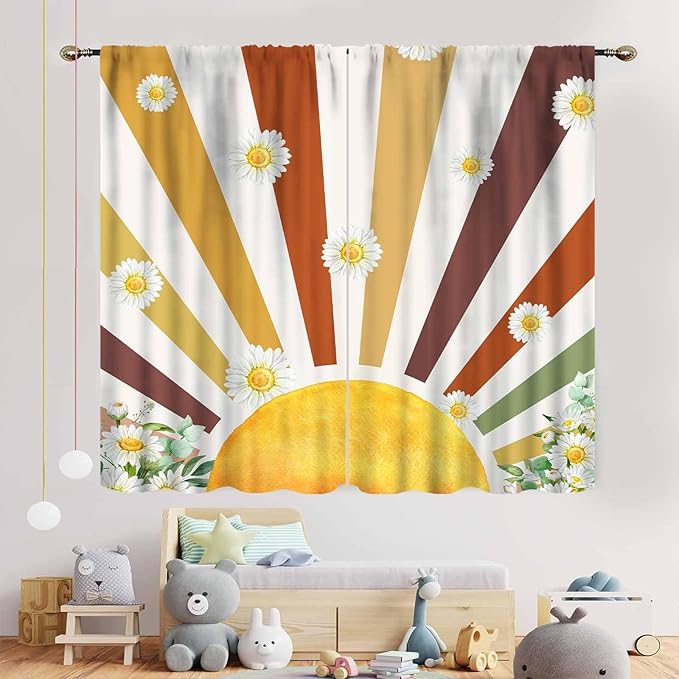 Boho Rainbow Curtains, Watercolor Bohemian Modern Abstract Daisy Floral Abstract Aesthetic Rainbow Blackout Window Treatments for Kids Girls Baby Bedroom Living Room Bathroom 2 Panels, 84"x63" Inch