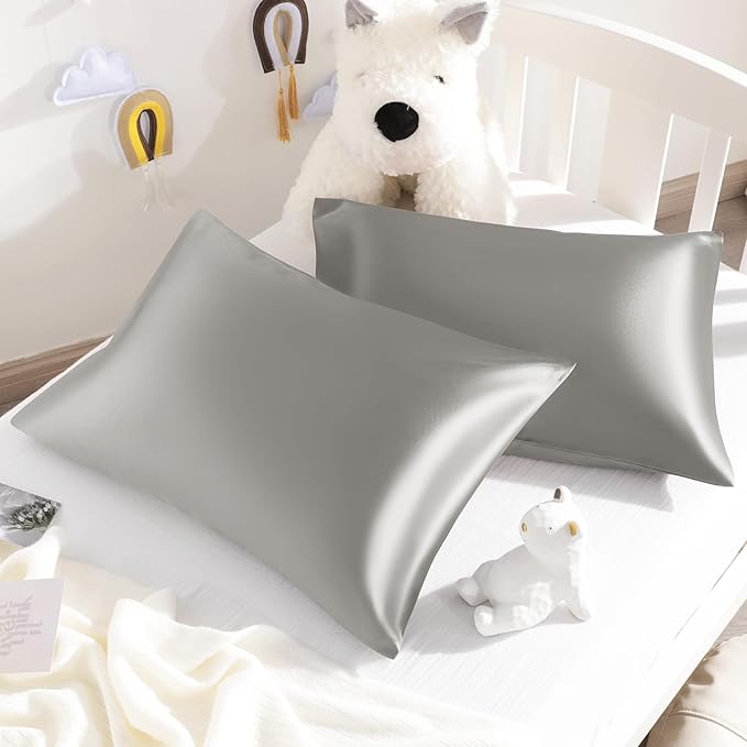 NTBAY Silk Satin Toddler Pillowcases, Small Pillow Case Pillow Cover 14x20 Inches with Envelope Closure, Soft and Silky Cooling Travel Pillow Covers for Nursery, Kids, Boys and Girls, Grey, 2 Pack