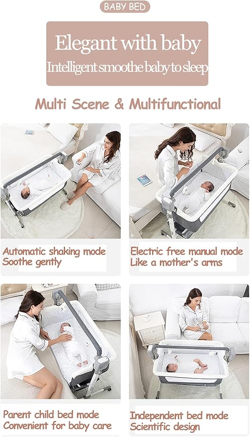 Electric Bluetooth Smart Next to Me Crib, Bassinet Cradle with Lullaby Music, Baby Bedside Crib for Newborn, Baby Co-Sleeper Cot with Mattress, Remote and 5 Swaying Gears (MG601-Grey)