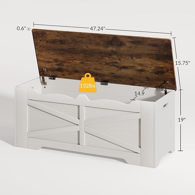 Storage Trunk, 47.2" Large Storage Bench for Bedroom, Lift Top Storage Chest, 300lbs Capacity Engineered Wood Entryway Bench with Storage, 2 Hinges for Living Room Hallway, White & Walnut