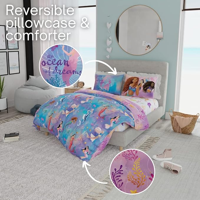Disney Princess Ariel The Little Mermaid Live Action Movie Kids Bedding Super Soft & Cozy Reverisble Microfiber Comforter and Sheet Set with Sham, Queen, (100% Officially Licensed Product) by Franco