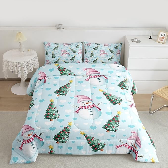 Feelyou Merry Christmas Kids Comforter Set Twin Size Cute Snowman Bedding Set Christmas Tree Duvet Quilt for Kids Boys Girls Bedroom Love Hearts Decor Microfiber Ultra Soft Breathable