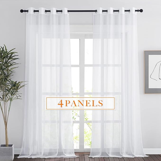 RYB HOME Sheer Curtains 4 Panels Set 90 Inches Long, Solid Voile Light Filtering Airy Curtains Window Treatment Drapes for Living Room, Elegant Bedroom Window Panels, White, Width 54, Grommet