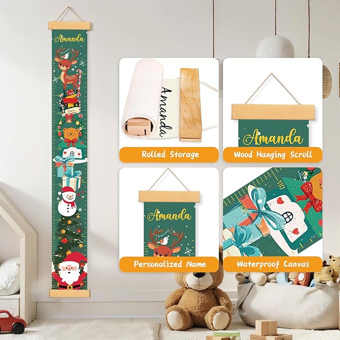 Canvas Height Chart Ruler Removable Hanging Wall Ruler Measurement Chart for Home Decoration, Waterproof Measuring Board, Foldable（Christmas Deer）