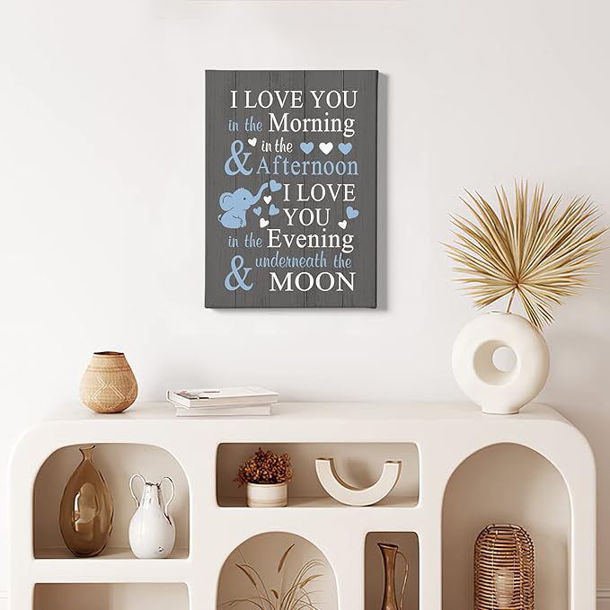 HIWX Baby Elephant Nursery Decor - I Love You In The Morning Sign Framed Canvas Painting Wall Art Decor, Elephant Wall Art, Baby Room Bedroom 11x14