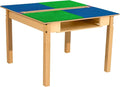 Contender Time -2-Play 35" Square Hardwood Blue & Green Lego Compatible Blocks Table with Trough and Shelf for Kids, Montessori Wooden Play Desk for Classroom, Pre-School, Daycare [20" Long Legs]