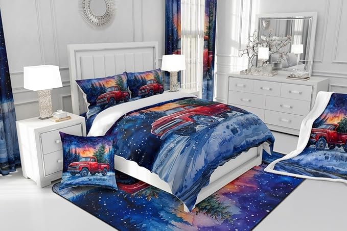 Red Truck Kids Bedding Set Full Size,Christmas Tree Snowflake Comforter Set for Teens Boys Girls Room Decor,Woodland Nature Scenery Duvet Insert 3Pcs,Merry Christmas Theme Quilt Set,2 Pillowcases