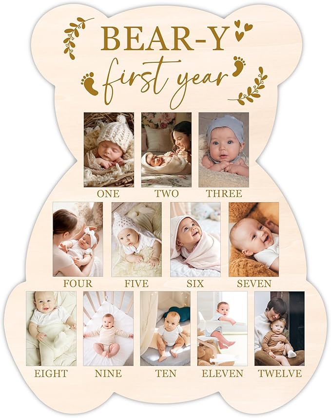 Bear My First Year Photo Board, Bear-Y Baby Milestone Signs for Boys Girls Nursery Decor, 12 Month Pictures for Baby First Year, Picture Board for 2x3 Photos, Best Babies Keepsake Gifts-A27