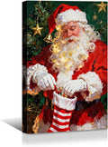 YONICA Christmas Canvas Wall Art Stocking Santa 20x30 Inch Oil Painting Filling Christmas Sock - Large Framed Gallery Wrapped Family Tradition