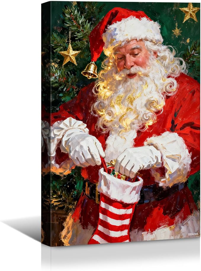YONICA Christmas Canvas Wall Art Stocking Santa 24x36 Inch Oil Painting Filling Christmas Sock - Large Framed Gallery Wrapped Family Tradition