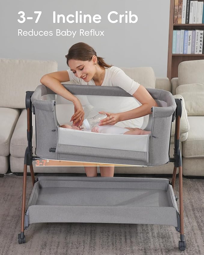 Baby Bassinet - Bassinet Bedside Sleeper,3-in-1 Bedside Bassinets for Baby,Rocking Bassinet with Comfy Mattress,Wheels,Breathable Mesh& Storage,6 Height Adjustable Crib,ASTM Certified(Grey)