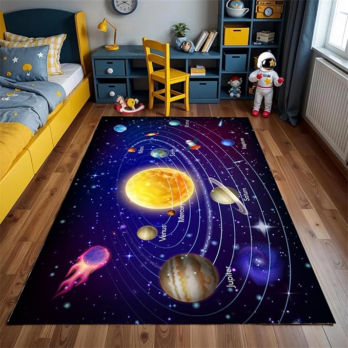 Solar System Planet Area Rug,6x8ft,Boys and Girls Room Large Play Mat, Suitable for Children's Room Bedroom, Classroom, Daycare Center, Kindergarten, Non-Slip Washable Carpet