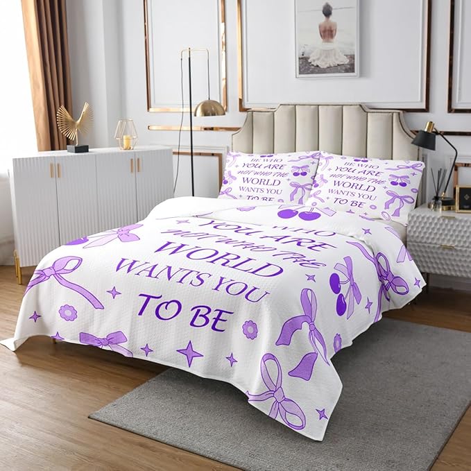 Manfei Purple Bowknot Kids Bedspread Twin Size,Cherry Tropical Fruit Stars Daisy Cute Coverlet Set,Girls Women Room Decor,Bow Tie Cartoon Princess Quilted Coverlet,Romantic Bedding Quilt,1 Pillowcase