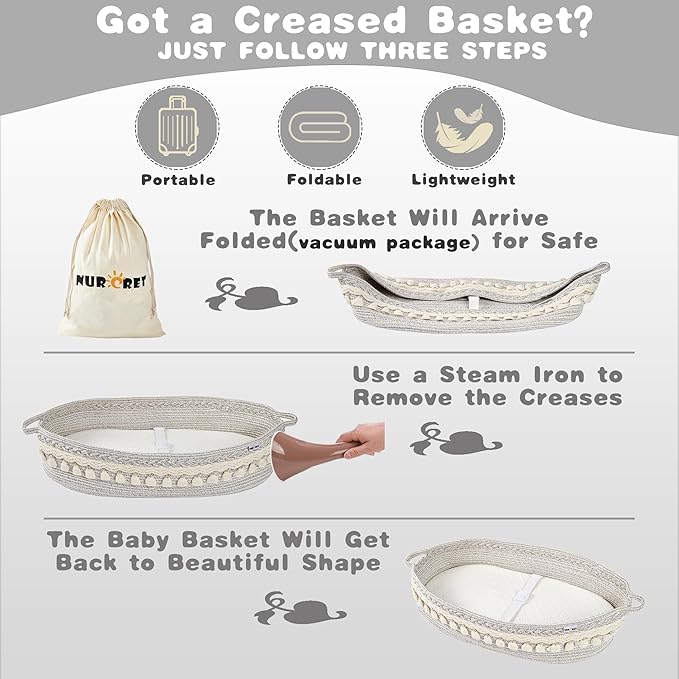 Baby Changing Basket, Foldable Portable Changing Pad, Moses Basket for Newborn, Changing Table Topper for Dresser, Cotton Rope Diaper Caddy for Travel&Nursery, Waterproof Foam Pad Cover, Off-White