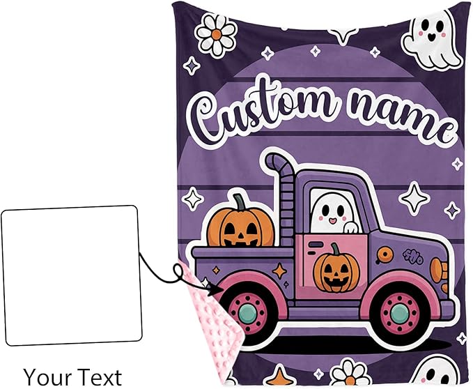 Personalized Halloween Blanket for Baby Girls, Custom Baby Blanket with Name, Ghost Truck Pattern Soft Minky Dot Blanket, Halloween Decor Christmas Birthday Gifts for Kids Toddlers