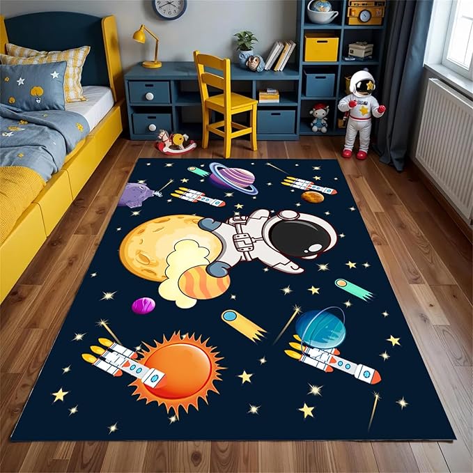 3x5ft Kids Space Themed Area Rug - with Spaceman, Rocket and Planet Design, Non-Slip Washable, Easy Care Rug, Suitable for Kids Playroom, Boys and Girls Room Decor