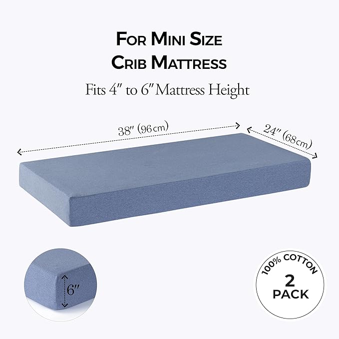 Dreamology Mini Crib Sheets, Pack and Play Sheets Fitted, 100% Cotton Mini Crib Sheets, Boy, Girl, Pack n Play Sheet, Crib Mattress Sheets, 24x38 Crib Sheets | Dino, Denim Blue