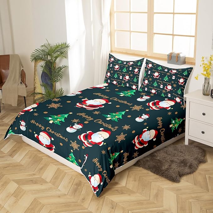 Christmas Duvet Cover Set King Size, Santa Claus Xmas Trees Snowman Sonwflake Comforter Cover with 2 Pillowcases, New Year Theme Bedding Set for Kids Boy Girl Lightweight Bedspread Cover,No Comforter