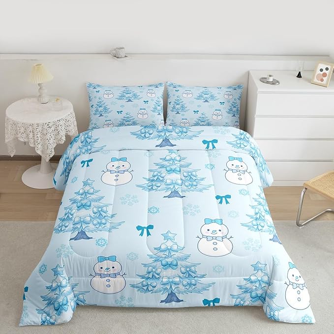 Feelyou Merry Christmas Comforter Set Twin Size Cute Snowman Bedding Set for Kids Boys Girls Cartoon Bowknot Duvet Quilt Christmas Tree Microfiber 2 Pcs with 1 Pillow Cases