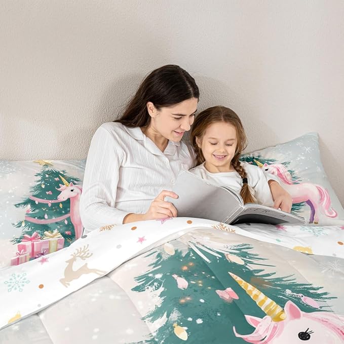 Feelyou Merry Christmas Comforter Set Queen Size Cute Unicorn Bedding Set for Kids Boys Girls Gift Duvet Quilt Christmas Tree Bedroom Decor Microfiber 3 Pcs with 2 Pillow Cases