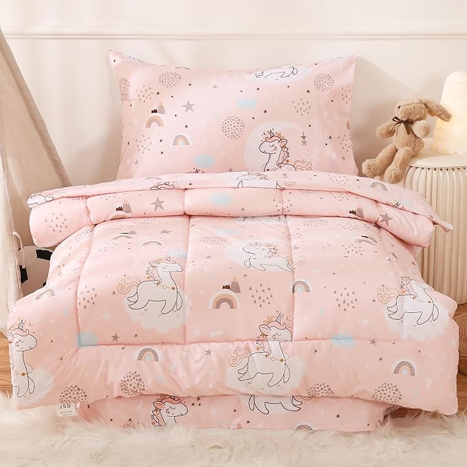 JSD Pink Unicorn Toddler Bedding Set, 4 Piece Bed-in-a-Bag Toddler Microfiber Comforter Sheet Set, All Season Machine Washable
