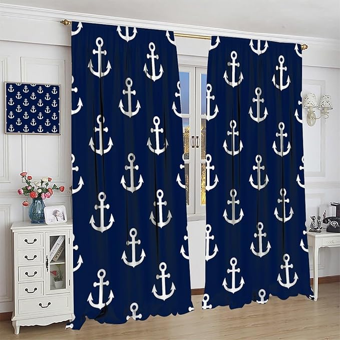 Nautical Costal Curtains,MarineThemed Oceanic Anchor Pattern Blackout Print Home Bedroom Living Room Window Treatments 2 Panel Set 42x63 Inch