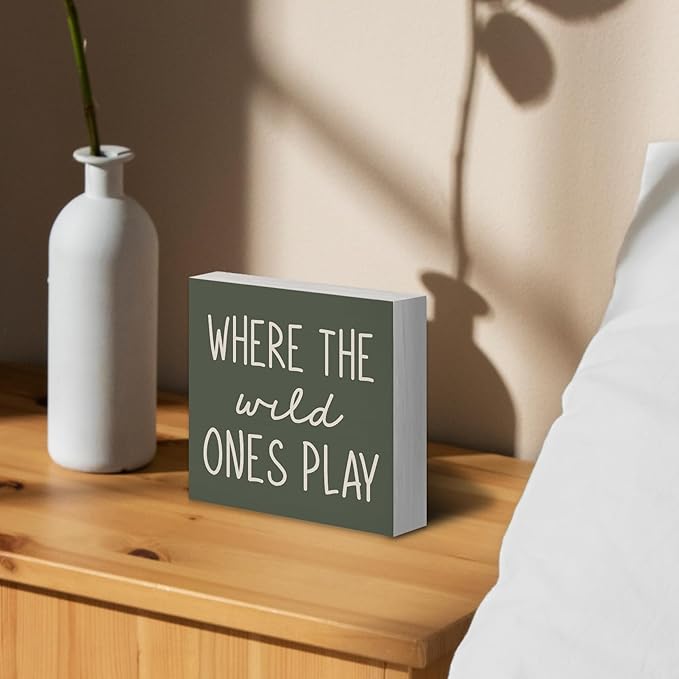 Where The Wild Ones Play Green Wood Box Sign Desk Decor 6x6, Nursery Kids Room Wooden Block Sign Decorations for Playroom Toddler Boys Girls Room Wall Tabletop Shelf Decor