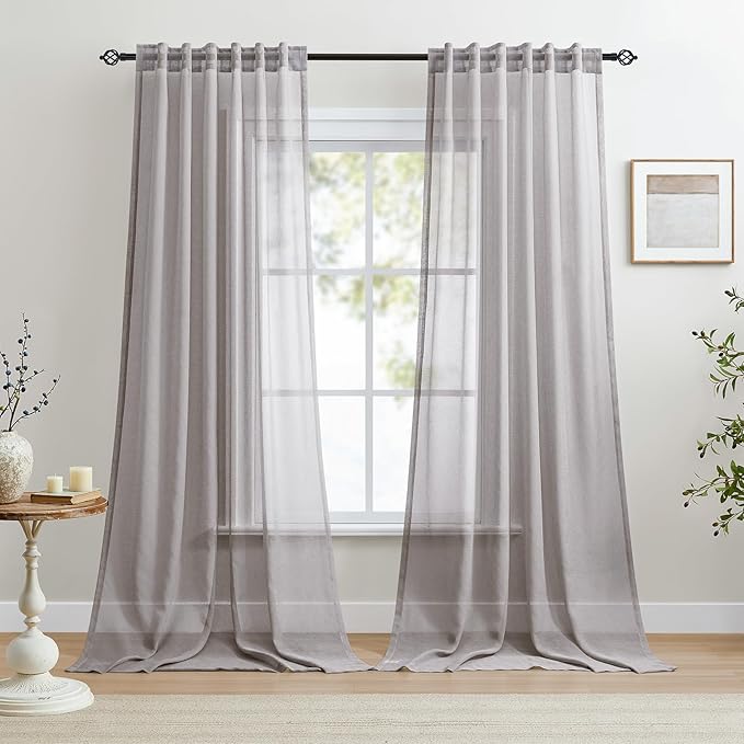 Dreaming Casa Grey Sheer Curtains 96 Inches Long, Rod Pocket & Back Tab Light Filtering Textured Sheers for Living Room Bedroom, 2 Panels, Each 52" W x 96" L