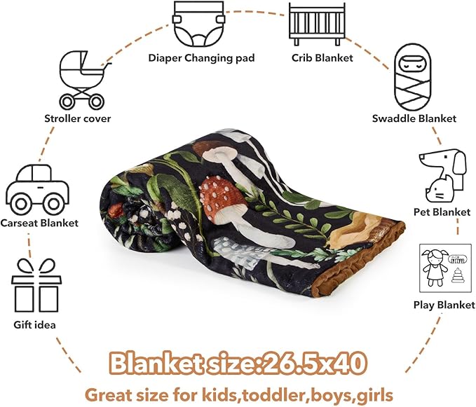Mushroom Baby Blanket for Boys Girls Soft Fleece Minky Blanket with Dotted Backing Double Layer Newborn Toddler Blankie for Nursery Stroller Crib Gift to Son Nephew Grandson 26.5 * 40 in