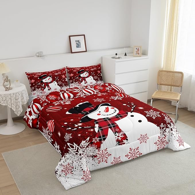 Manfei Snowman Comforter Set Queen Size, Snowflake Balloon Xmas Decor Down Comforter with 2 Pillowcases, Christmas Red Bedding Set 3pcs for Kids Boy Girls Bedroom Decor Lightweight Duvet Insert