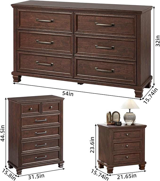 Farmhouse Bedroom Dresser and Nightstand Set of 4, 6 Drawer Tall & Low Dresser & 3 Drawer Nightstand Set with Wooden Legs, Rustic Wood Furniture Sets for Bedroom, Hallway, Walnut