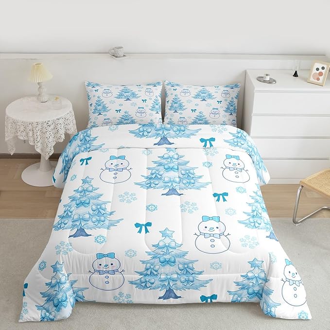 Feelyou Merry Christmas Bedding Set Soft for Boys Girls, Cute Snowman Comforter Set Queen Size Cartoon Bowknot Duvet Quilt Microfiber Christmas Tree 3 Pcs with 2 Pillow Cases