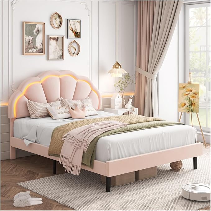 HIFIT Full Upholstered Smart LED Bed Frame with Adjustable Chic Petal Headboard, Princess Full Size Platform Bed Frames for Kids/Girls, Wooden Slats Support, No Box Spring Needed, Easy Assembly, Pink